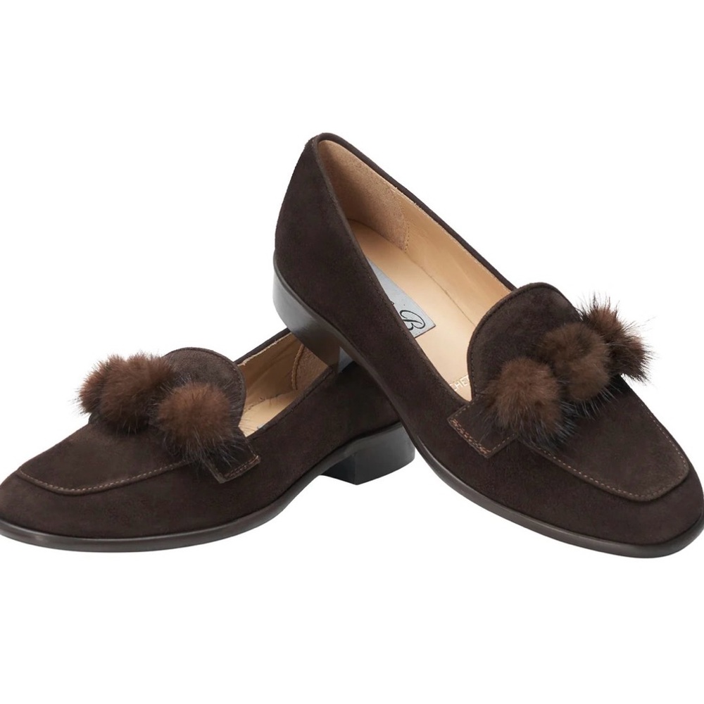 Diane B Milano Brown suede loafers mink balls . Sz 41 US 10 fur  luxury 398.00